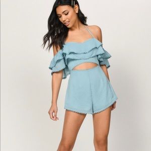 TOBI Ivy Blue Off Shoulder Ruffle Romper